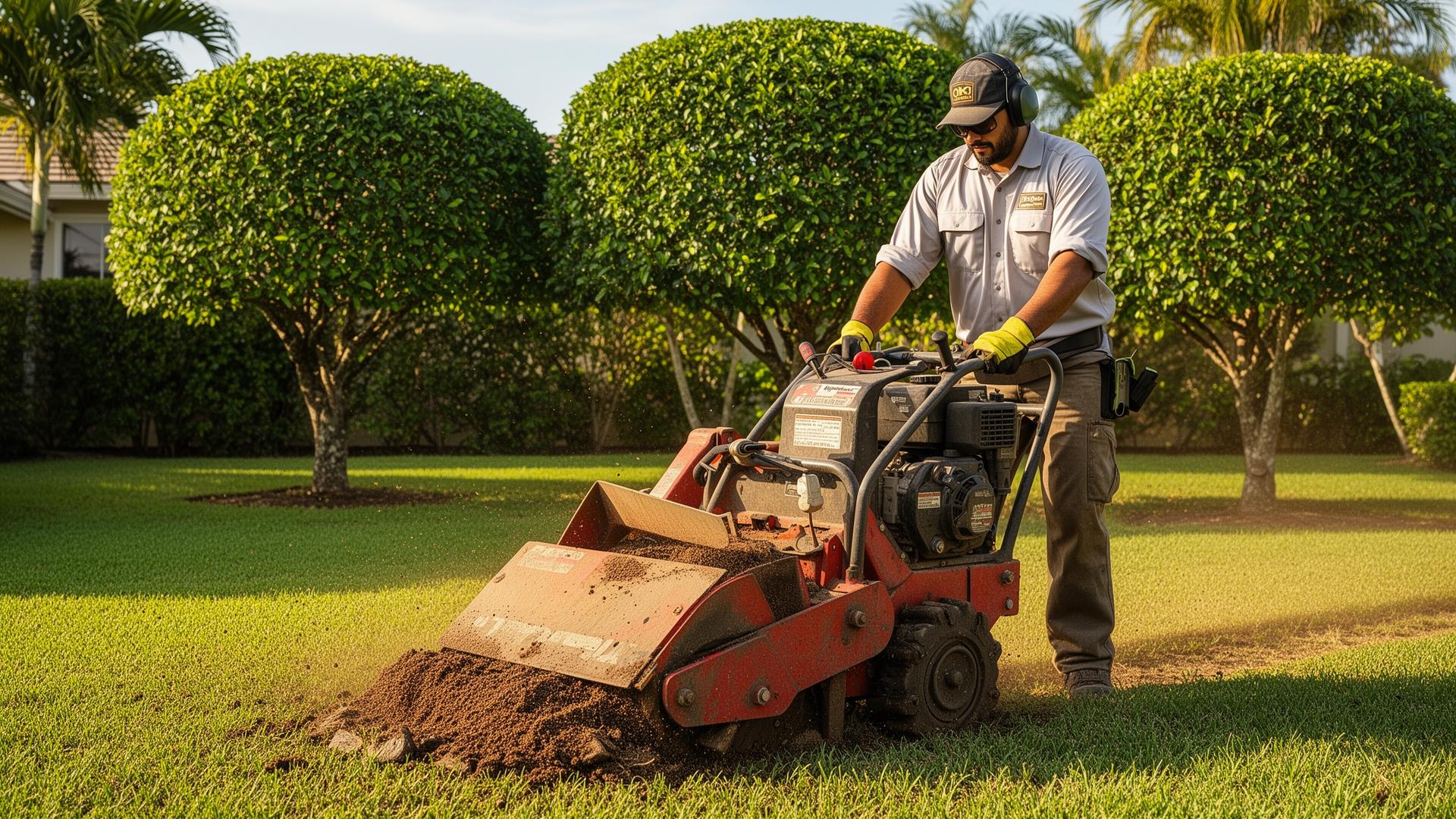 Professional landscaper grinding a tree stump in a residential yard
